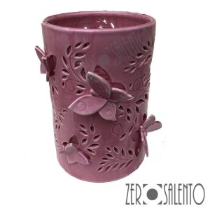 Lampada da appoggio in terracotta fucsia intagliata a mano con Farfalle TERIL69
