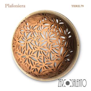 Plafoniera in Terracotta intagliata a foglioline bordo bianco anticato a cera TERIL79
